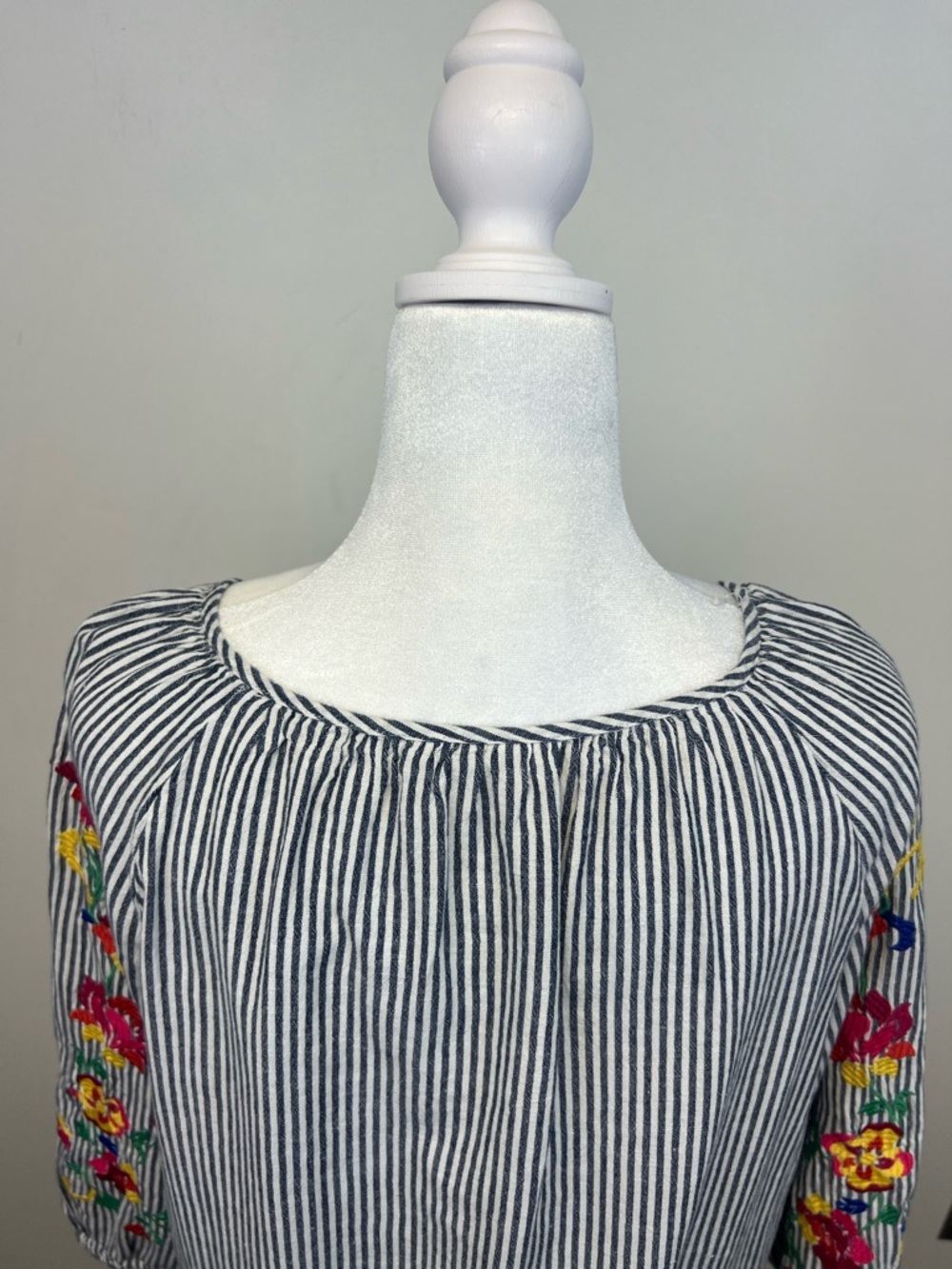 Westport Navy White Striped Embroidered Flowers Long Sleeve Top Boho Chic XL - Picture 5 of 10
